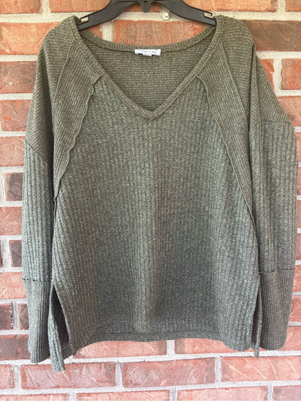 Floral & Ivy Cozy Olive V-Neck Ribbed Sweater - Women's